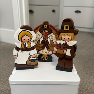 Thanksgiving Pilgrim and Turkey Wood Figurines